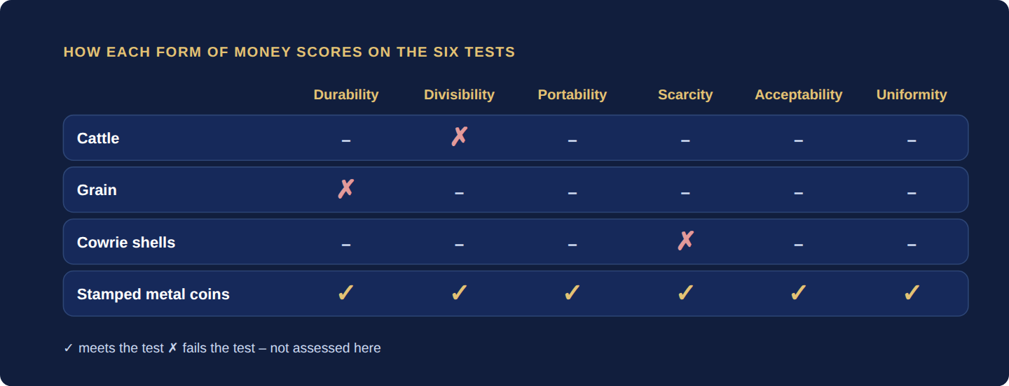 Scorecard: cattle fail divisibility, grain fails durability, shells fail scarcity, and stamped metal coins pass all six tests