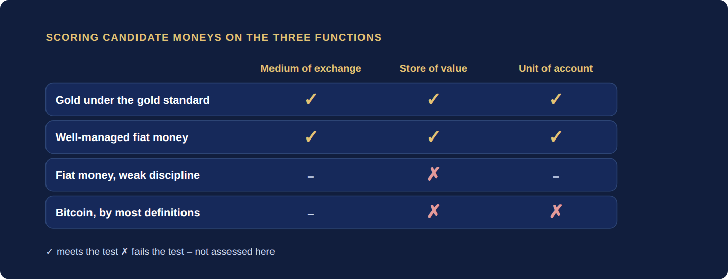 Scorecard: gold and well-managed fiat pass all three functions; weak-discipline fiat fails as a store of value; Bitcoin is a poor store of value and unit of account by most definitions