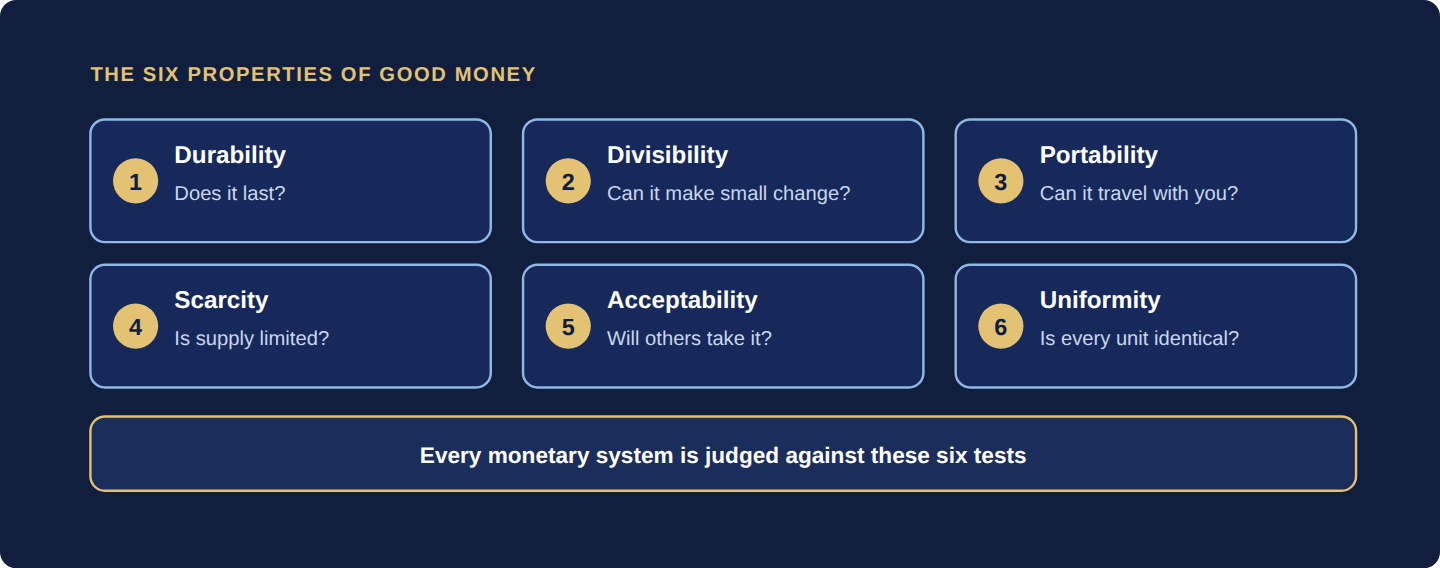 Six cards: durability, divisibility, portability, scarcity, acceptability and uniformity
